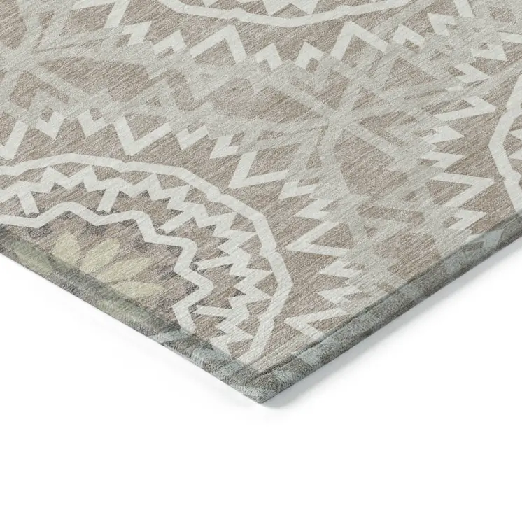 5' X 8' Taupe Khaki And Ivory Floral Medallion Washable Indoor Outdoor Area Rug