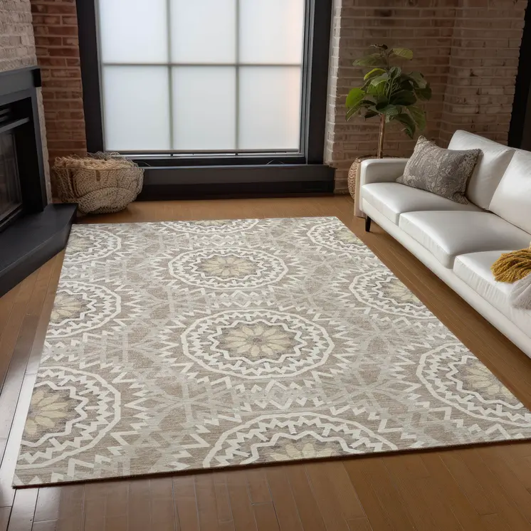 5' X 8' Taupe Khaki And Ivory Floral Medallion Washable Indoor Outdoor Area Rug