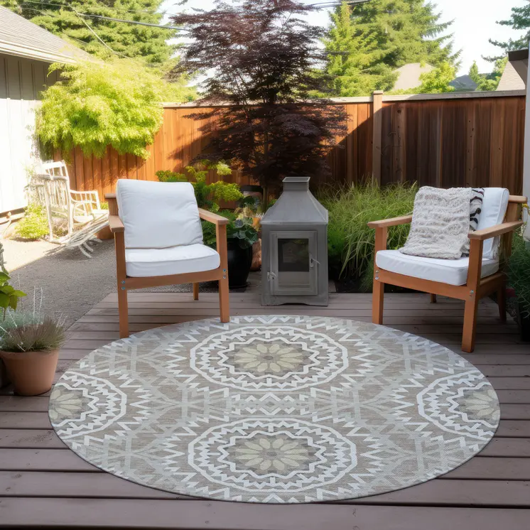 8' Taupe Khaki And Ivory Round Floral Medallion Washable Indoor Outdoor Area Rug
