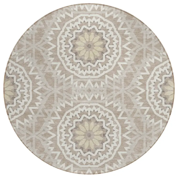 8' Taupe Khaki And Ivory Round Floral Medallion Washable Indoor Outdoor Area Rug