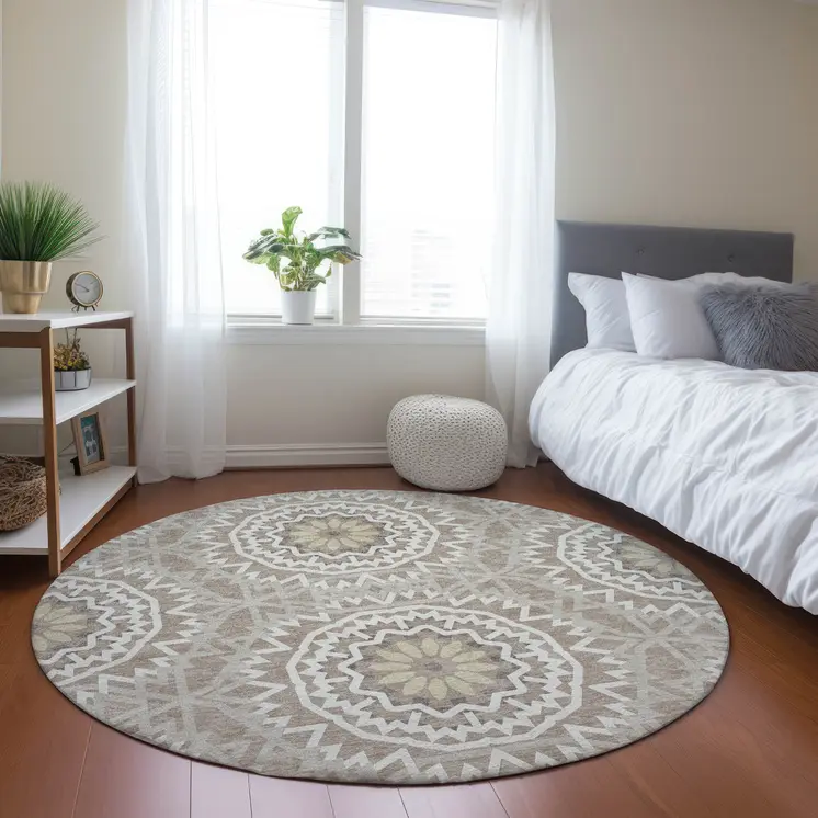 8' Taupe Khaki And Ivory Round Floral Medallion Washable Indoor Outdoor Area Rug