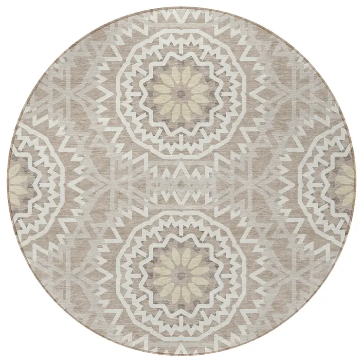 8' Taupe Khaki And Ivory Round Floral Medallion Washable Indoor Outdoor Area Rug