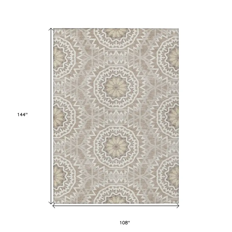 9' X 12' Taupe Khaki And Ivory Floral Medallion Washable Indoor Outdoor Area Rug