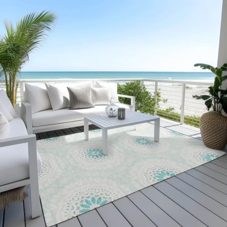 3' X 5' Teal Blue Beige And Ivory Floral Medallion Washable Indoor Outdoor Area Rug