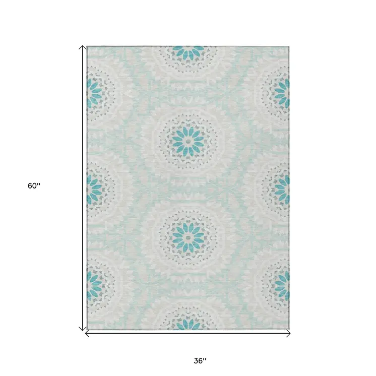 3' X 5' Teal Blue Beige And Ivory Floral Medallion Washable Indoor Outdoor Area Rug