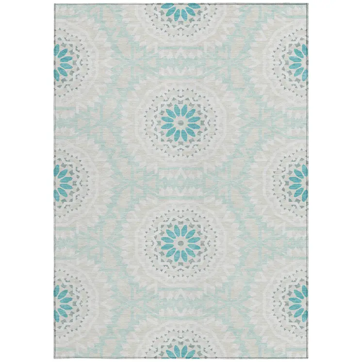 5' X 8' Teal Blue Beige And Ivory Floral Medallion Washable Indoor Outdoor Area Rug
