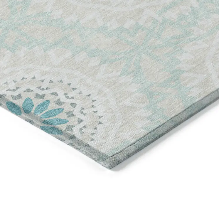5' X 8' Teal Blue Beige And Ivory Floral Medallion Washable Indoor Outdoor Area Rug