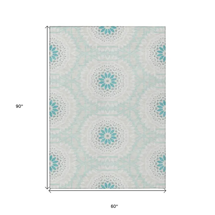 5' X 8' Teal Blue Beige And Ivory Floral Medallion Washable Indoor Outdoor Area Rug