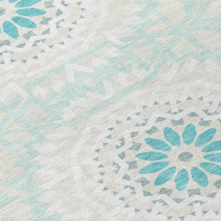 5' X 8' Teal Blue Beige And Ivory Floral Medallion Washable Indoor Outdoor Area Rug