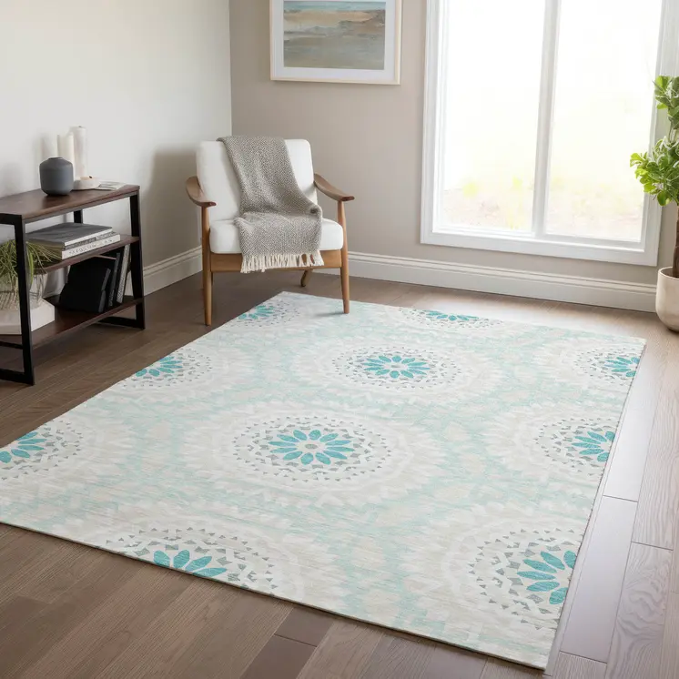 5' X 8' Teal Blue Beige And Ivory Floral Medallion Washable Indoor Outdoor Area Rug