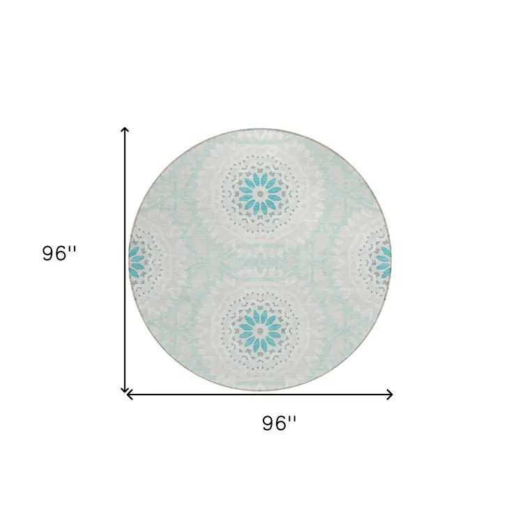 8' Teal Blue Beige And Ivory Round Floral Medallion Washable Indoor Outdoor Area Rug
