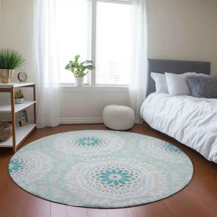 8' Teal Blue Beige And Ivory Round Floral Medallion Washable Indoor Outdoor Area Rug