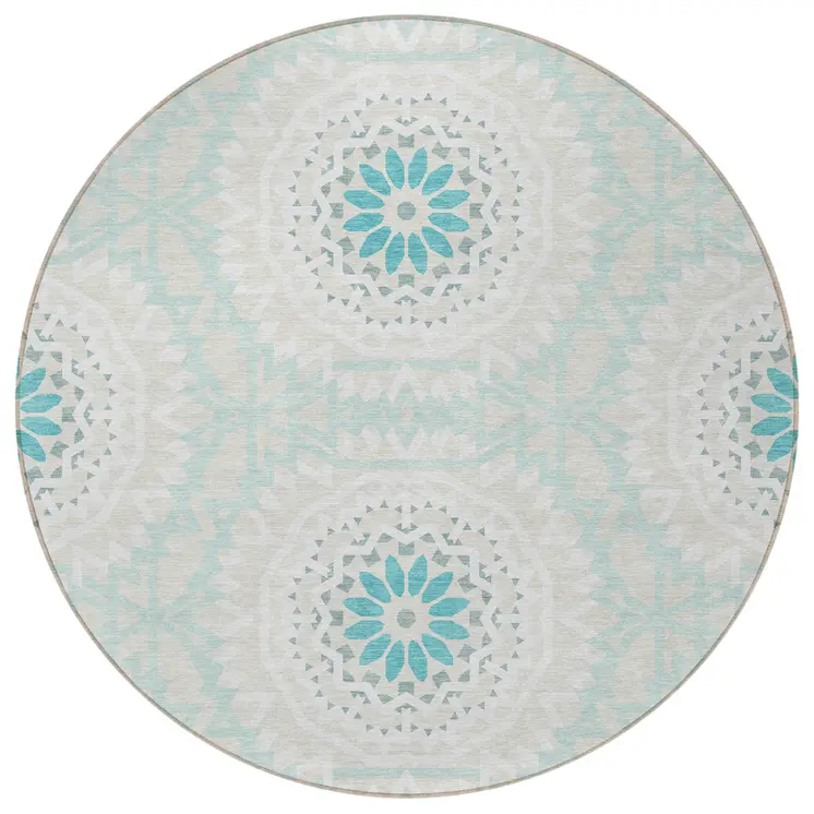 8' Teal Blue Beige And Ivory Round Floral Medallion Washable Indoor Outdoor Area Rug