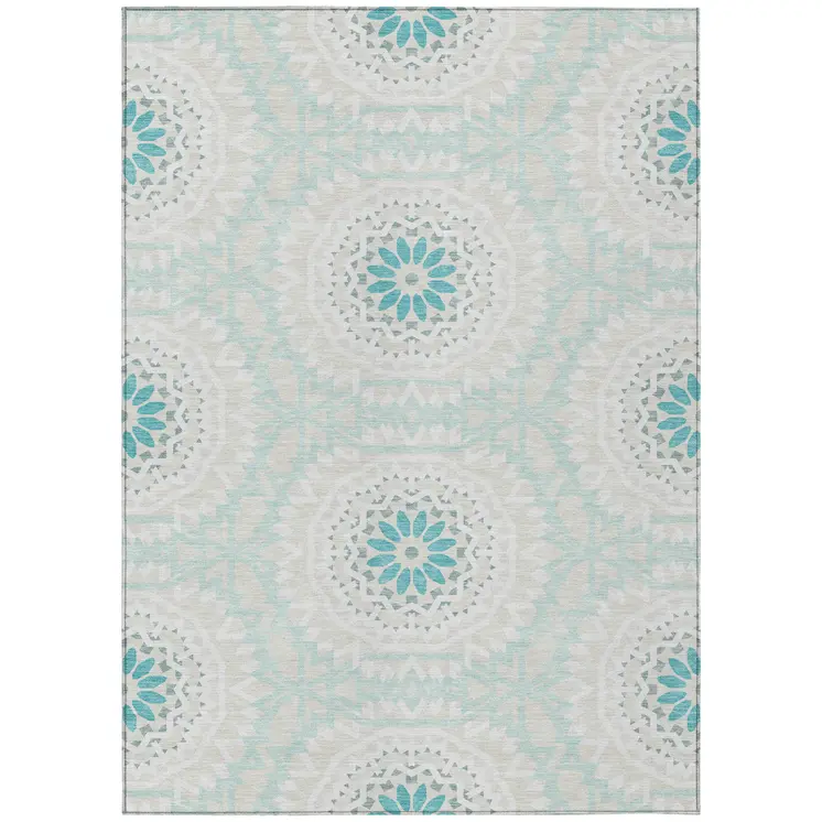 8' X 10' Teal Blue Beige And Ivory Floral Medallion Washable Indoor Outdoor Area Rug