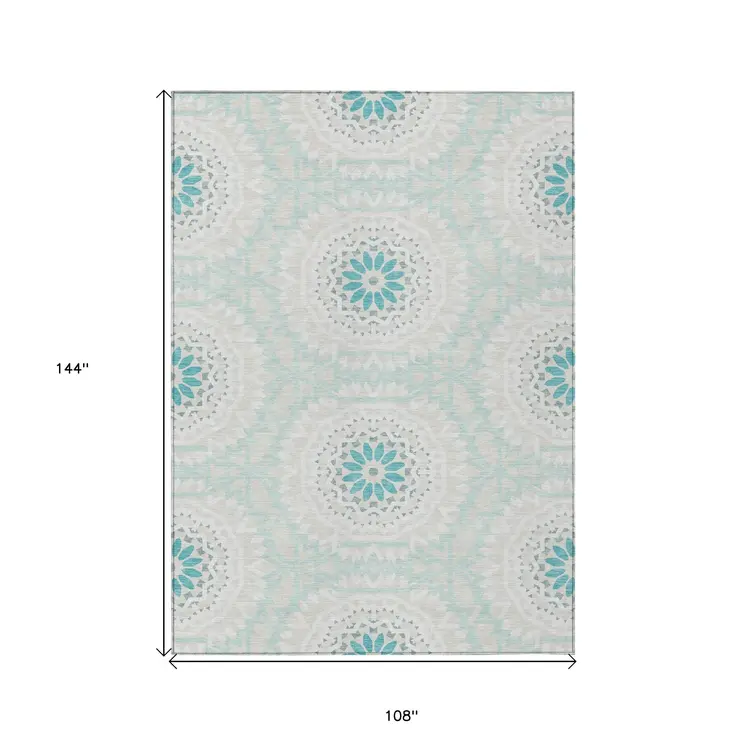 9' X 12' Teal Blue Beige And Ivory Floral Medallion Washable Indoor Outdoor Area Rug