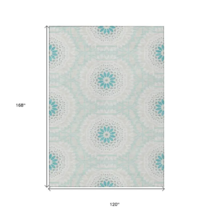 10' X 14' Teal Blue Beige And Ivory Floral Medallion Washable Indoor Outdoor Area Rug