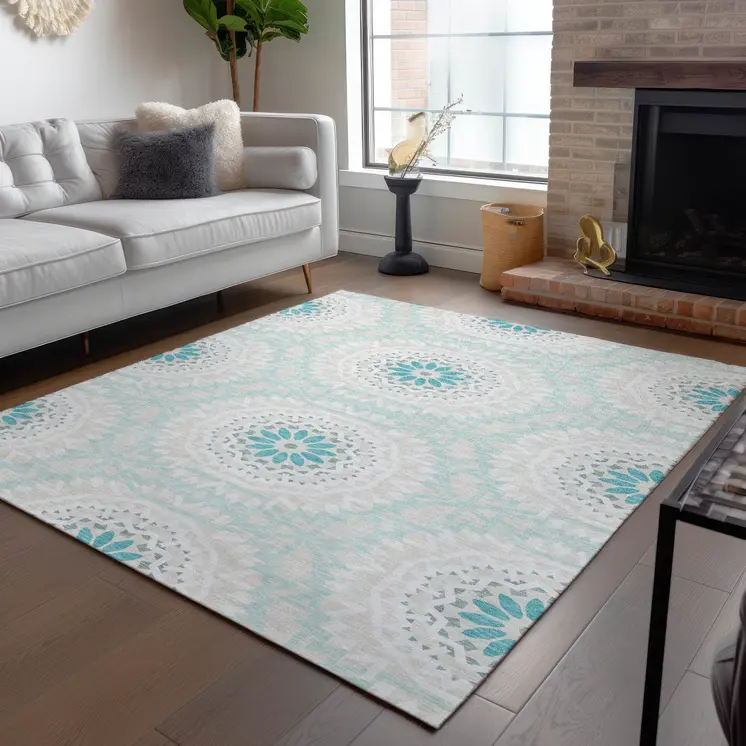 10' X 14' Teal Blue Beige And Ivory Floral Medallion Washable Indoor Outdoor Area Rug