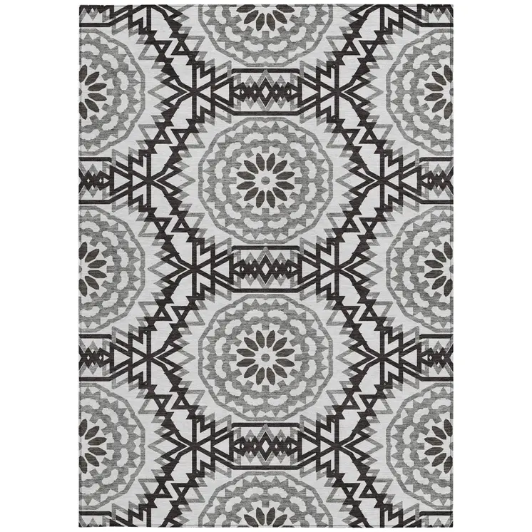 5' X 8' White Black And Gray Floral Medallion Washable Indoor Outdoor Area Rug