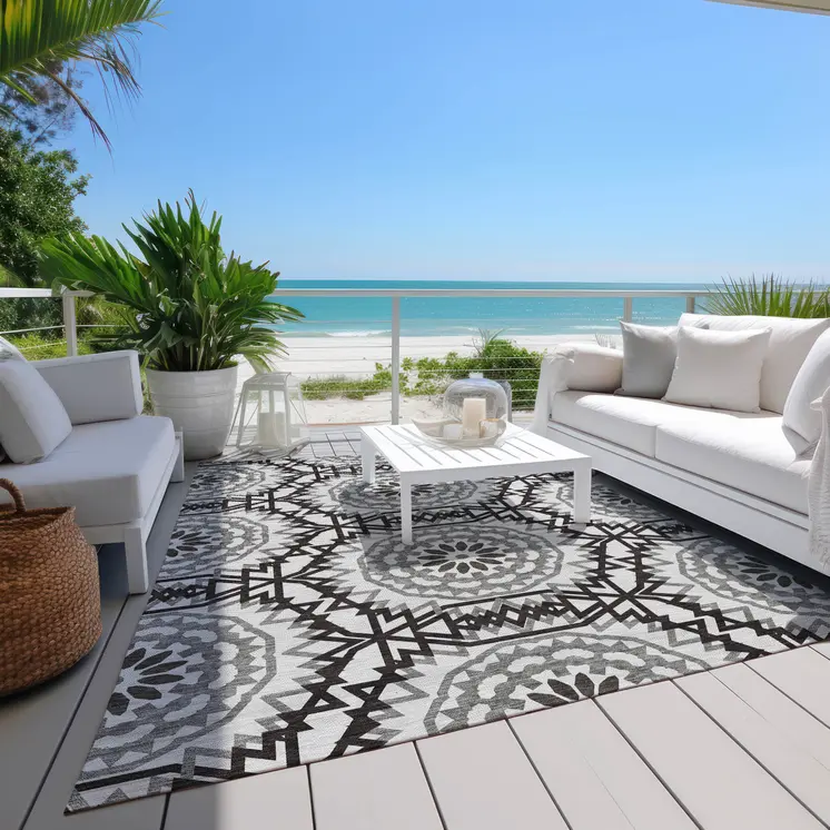 5' X 8' White Black And Gray Floral Medallion Washable Indoor Outdoor Area Rug