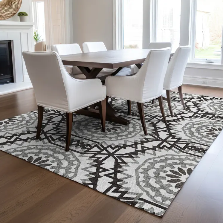 5' X 8' White Black And Gray Floral Medallion Washable Indoor Outdoor Area Rug