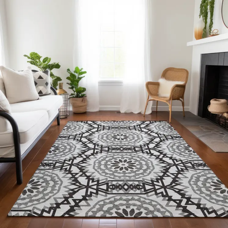 5' X 8' White Black And Gray Floral Medallion Washable Indoor Outdoor Area Rug