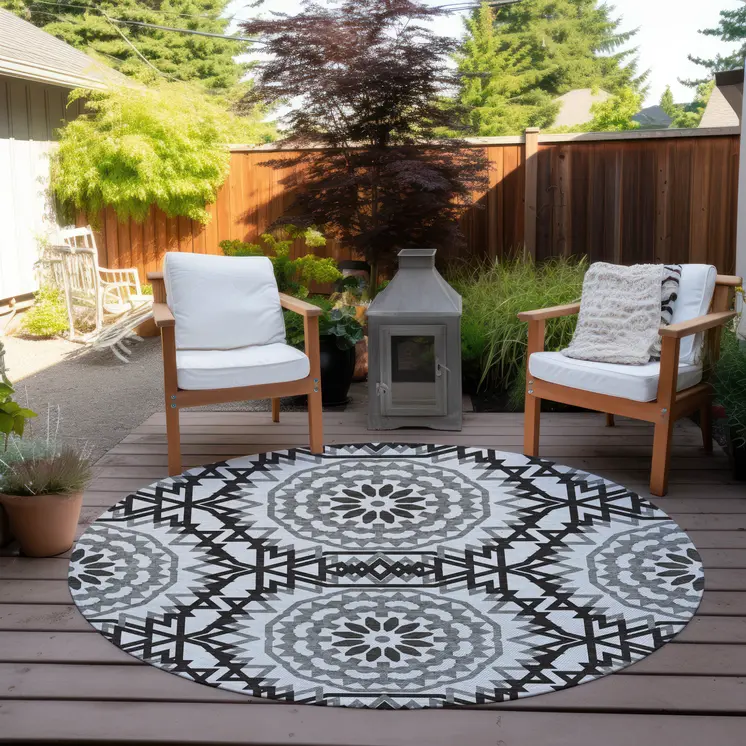 8' White Black And Gray Round Floral Medallion Washable Indoor Outdoor Area Rug