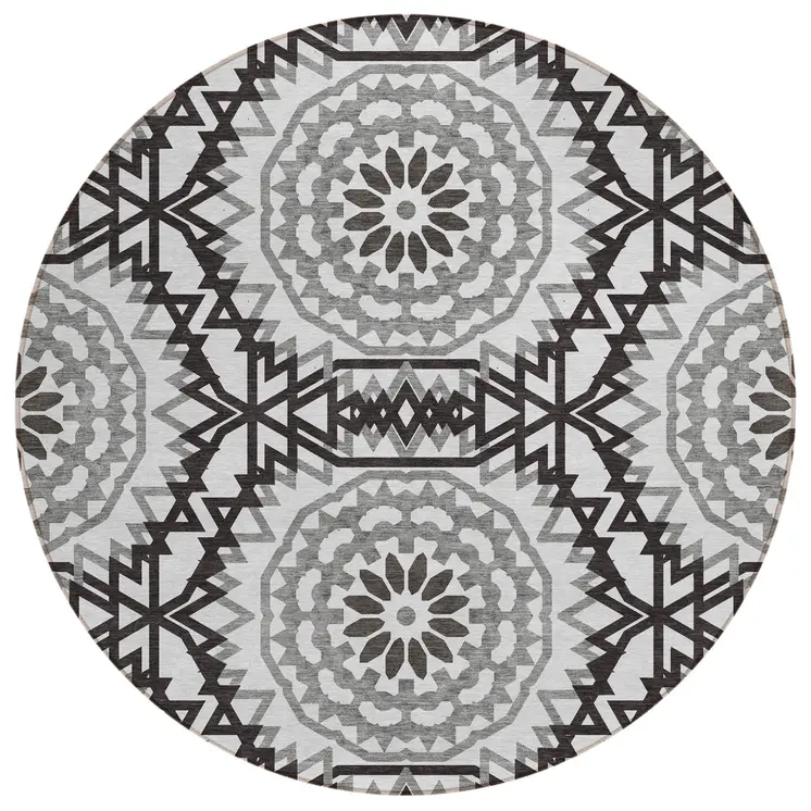 8' White Black And Gray Round Floral Medallion Washable Indoor Outdoor Area Rug
