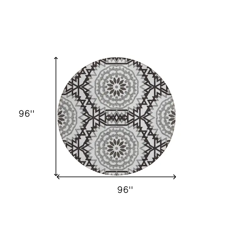 8' White Black And Gray Round Floral Medallion Washable Indoor Outdoor Area Rug