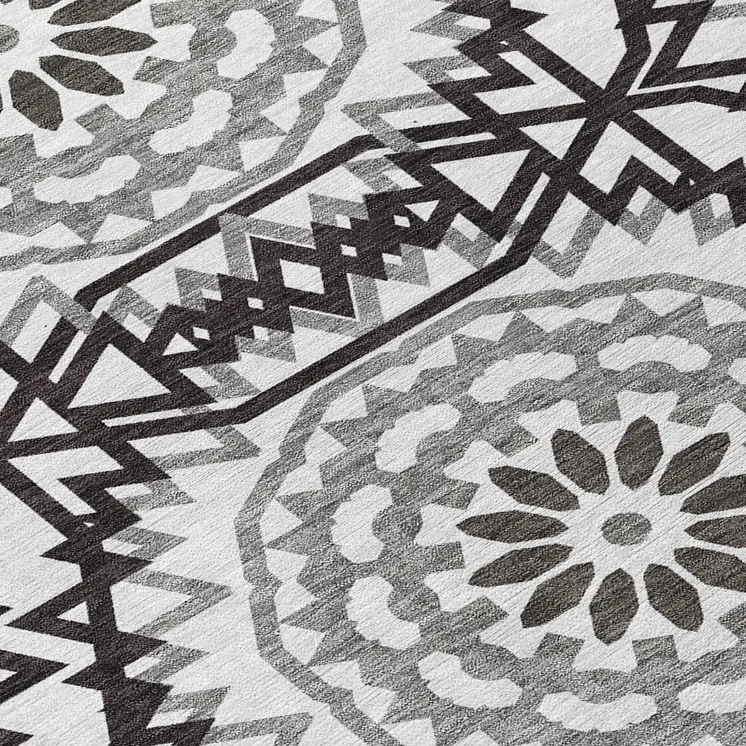 8' White Black And Gray Round Floral Medallion Washable Indoor Outdoor Area Rug
