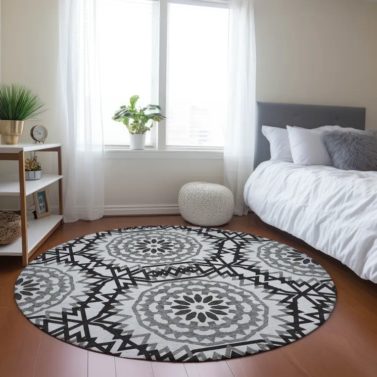 8' White Black And Gray Round Floral Medallion Washable Indoor Outdoor Area Rug