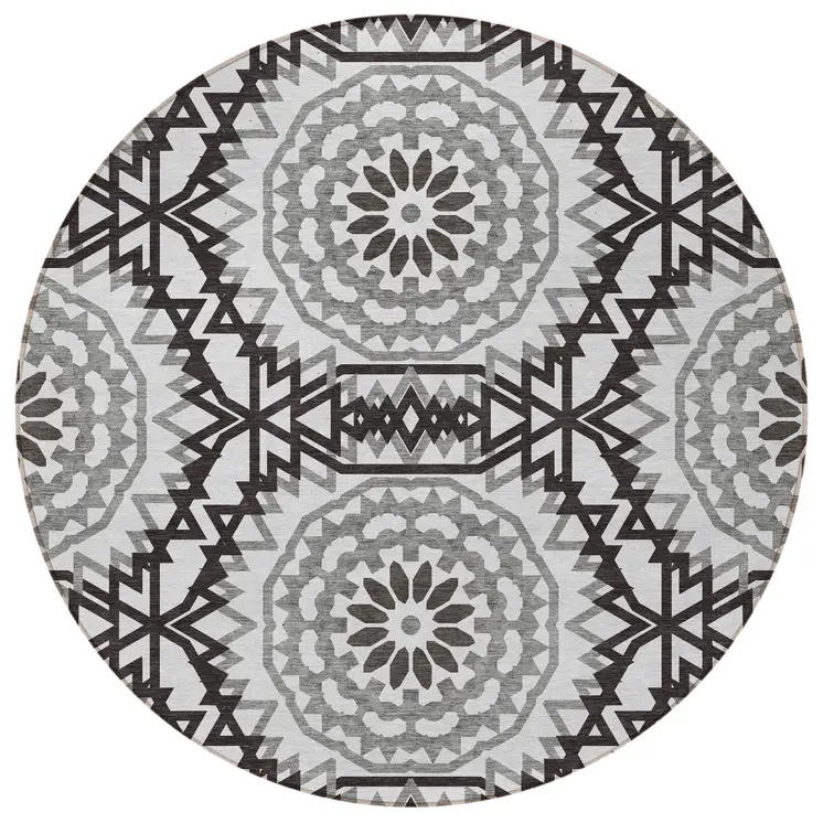 8' White Black And Gray Round Floral Medallion Washable Indoor Outdoor Area Rug