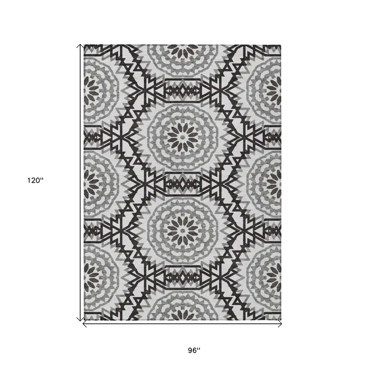 8' X 10' White Black And Gray Floral Medallion Washable Indoor Outdoor Area Rug