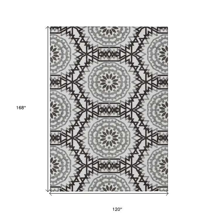 10' X 14' White Black And Gray Floral Medallion Washable Indoor Outdoor Area Rug
