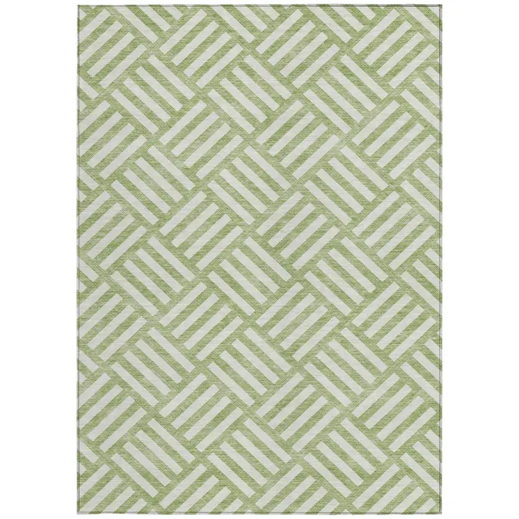 5' X 8' Artichoke Green And Ivory Geometric Washable Indoor Outdoor Area Rug