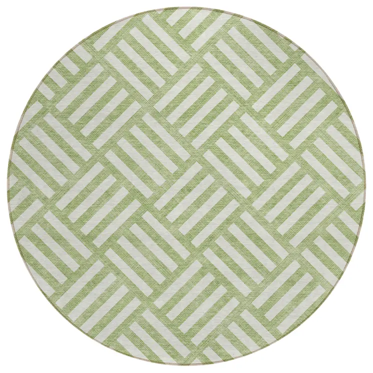 8' Artichoke Green And Ivory Round Geometric Washable Indoor Outdoor Area Rug