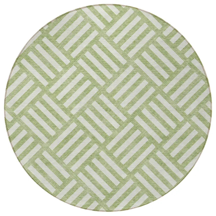 8' Artichoke Green And Ivory Round Geometric Washable Indoor Outdoor Area Rug