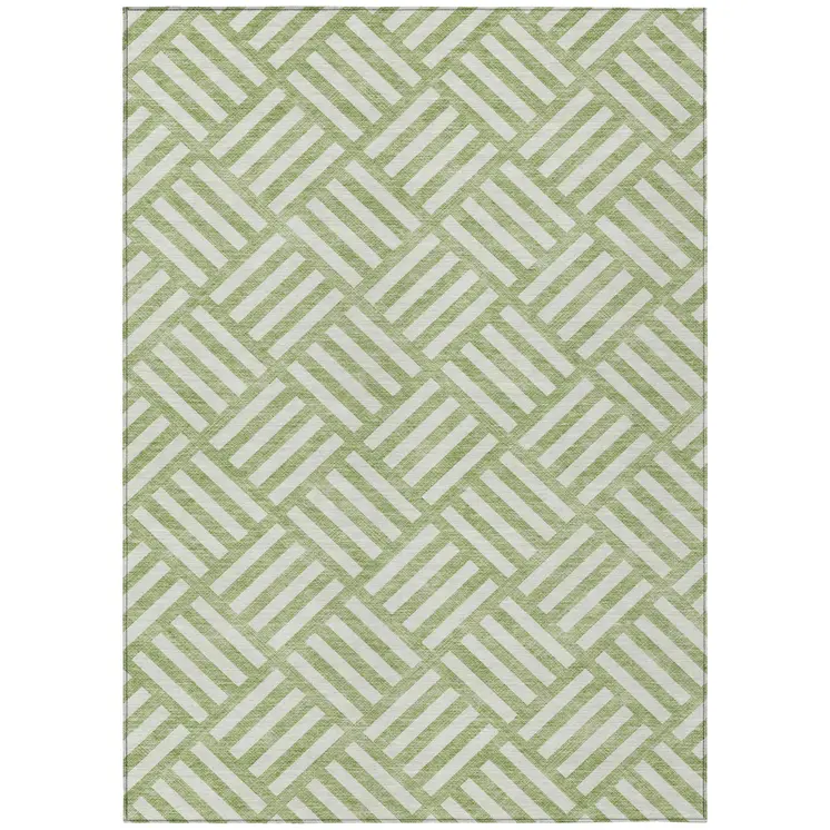 8' X 10' Artichoke Green And Ivory Geometric Washable Indoor Outdoor Area Rug