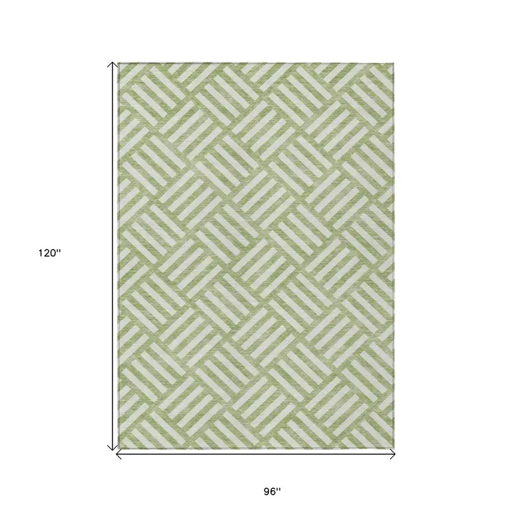 8' X 10' Artichoke Green And Ivory Geometric Washable Indoor Outdoor Area Rug