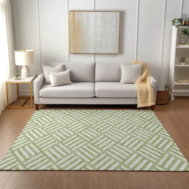 8' X 10' Artichoke Green And Ivory Geometric Washable Indoor Outdoor Area Rug
