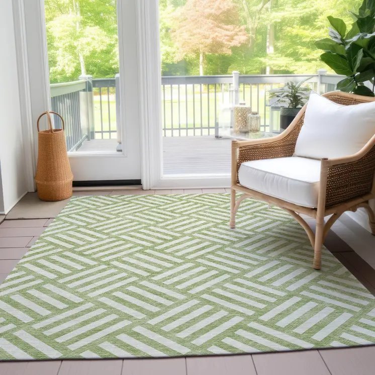 10' X 14' Artichoke Green And Ivory Geometric Washable Indoor Outdoor Area Rug