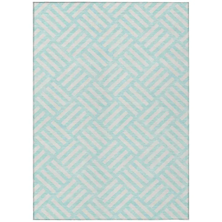 3' X 5' Aqua And Ivory Geometric Washable Indoor Outdoor Area Rug