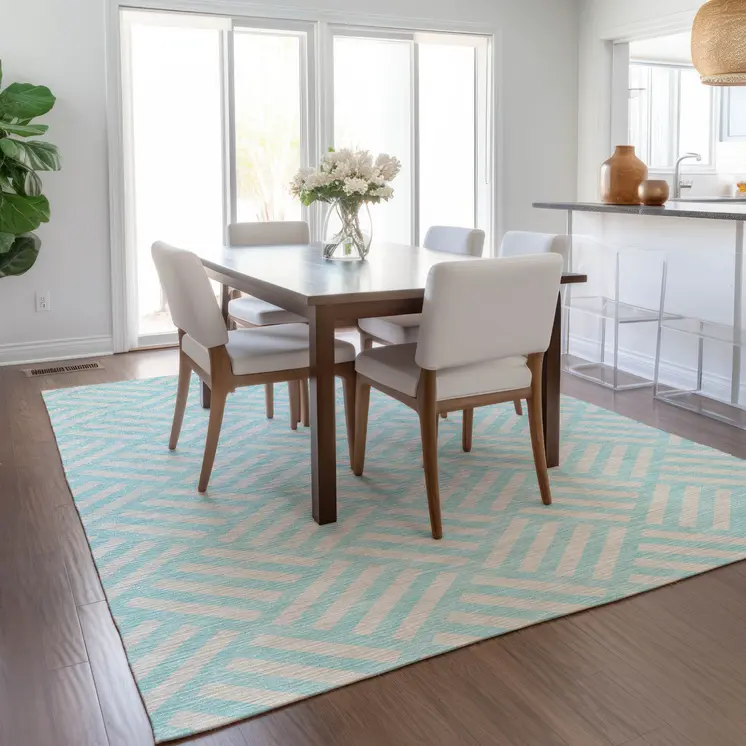 3' X 5' Aqua And Ivory Geometric Washable Indoor Outdoor Area Rug