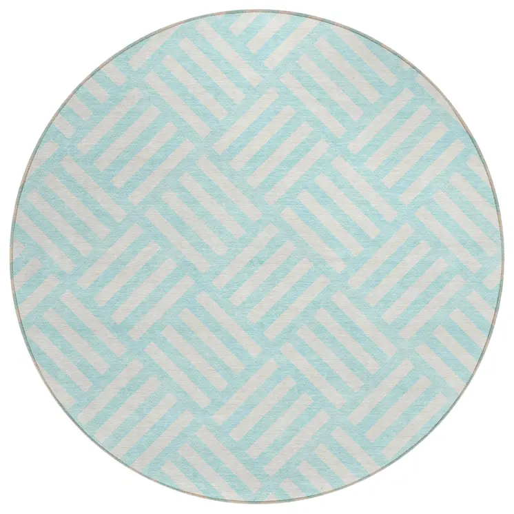 8' Aqua And Ivory Round Geometric Washable Indoor Outdoor Area Rug