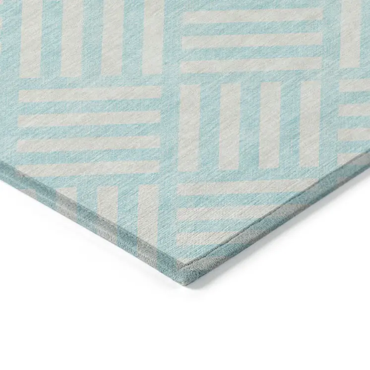 8' Aqua And Ivory Round Geometric Washable Indoor Outdoor Area Rug