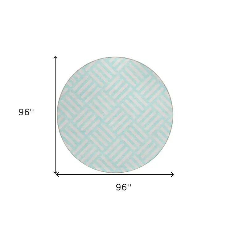 8' Aqua And Ivory Round Geometric Washable Indoor Outdoor Area Rug