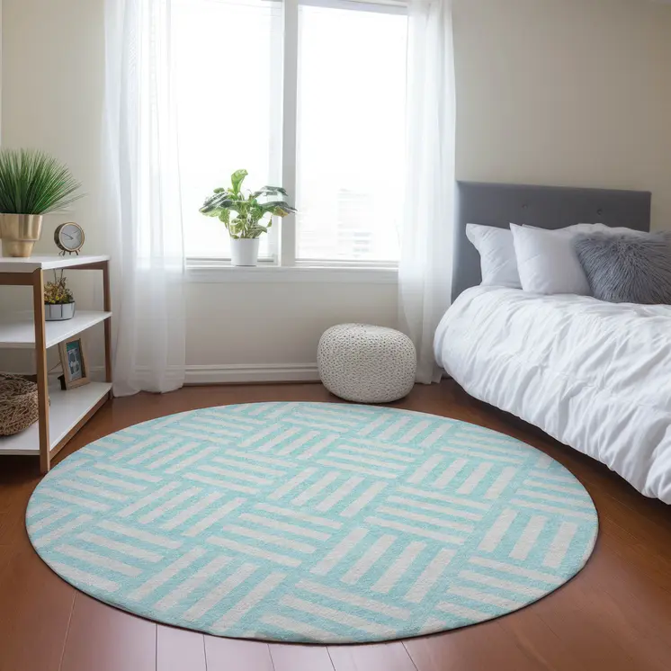 8' Aqua And Ivory Round Geometric Washable Indoor Outdoor Area Rug