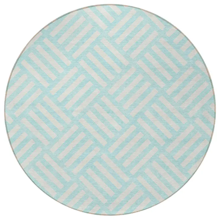 8' Aqua And Ivory Round Geometric Washable Indoor Outdoor Area Rug