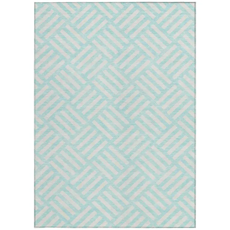 10' X 14' Aqua And Ivory Geometric Washable Indoor Outdoor Area Rug