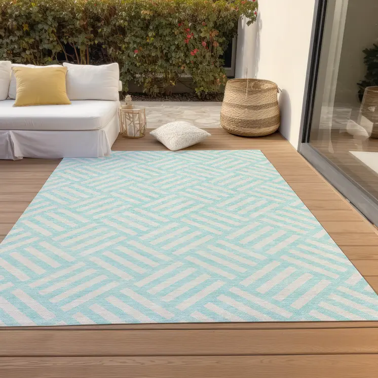 10' X 14' Aqua And Ivory Geometric Washable Indoor Outdoor Area Rug