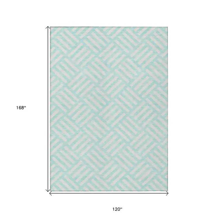 10' X 14' Aqua And Ivory Geometric Washable Indoor Outdoor Area Rug